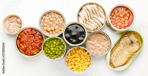 Canned fish and vegetables, an assortment of processed foods.