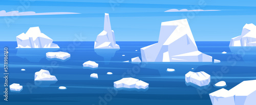 Arctic landscape. Cartoon winter scene with floating iceberg and frozen glacier pieces, ice north panorama, global warming concept. Vector background photo