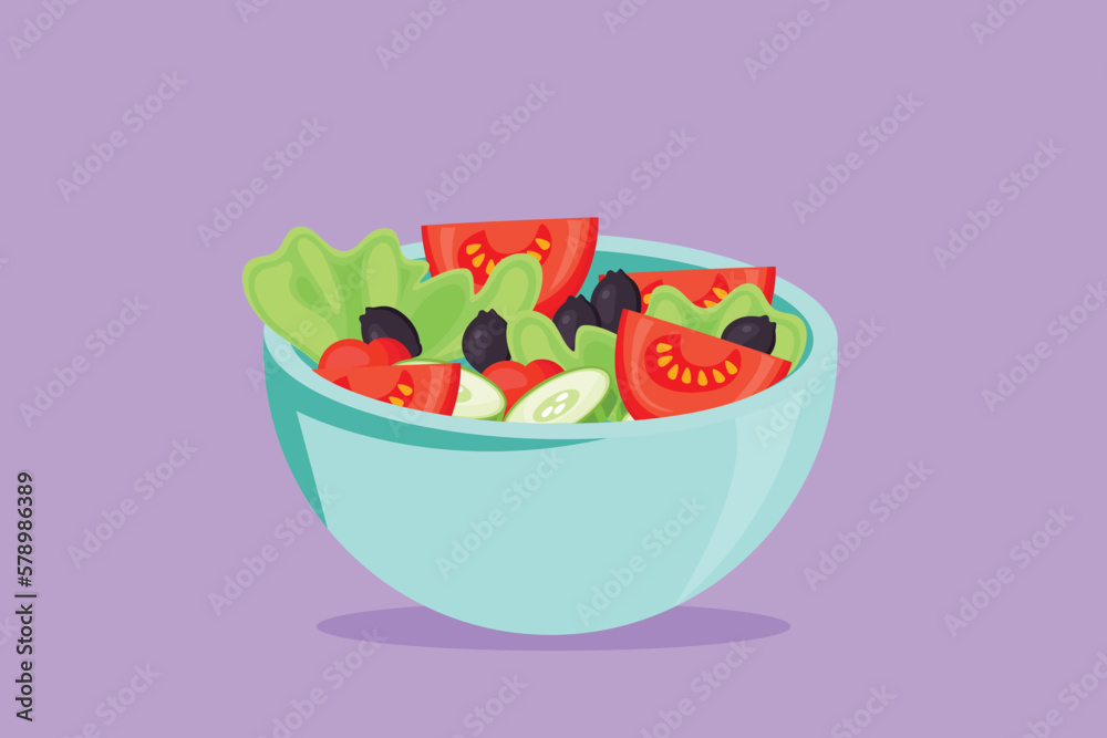 Graphic flat design drawing stylized vegetables salad on bowl logo label flyer sticker symbol. Healthy food restaurant concept for cafe, shop, food delivery service. Cartoon style vector illustration Graphic flat design drawing stylized vegetables salad on bowl logo label flyer sticker symbol. Healthy food restaurant concept for cafe, shop, food delivery service. Cartoon style vector illustration