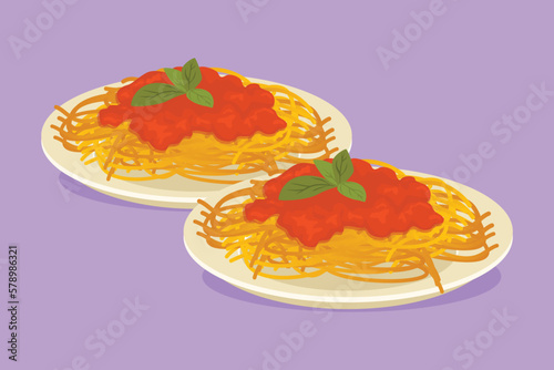 Graphic flat design drawing fresh delicious Italian spaghetti logo. Pasta fast food cafe menu and restaurant badge concept. Street food logotype label sticker symbol. Cartoon style vector illustration
