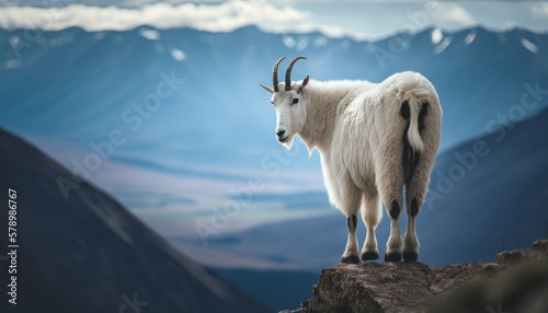 Goat perched on a rocky outcrop overlooking a valley in the mountain