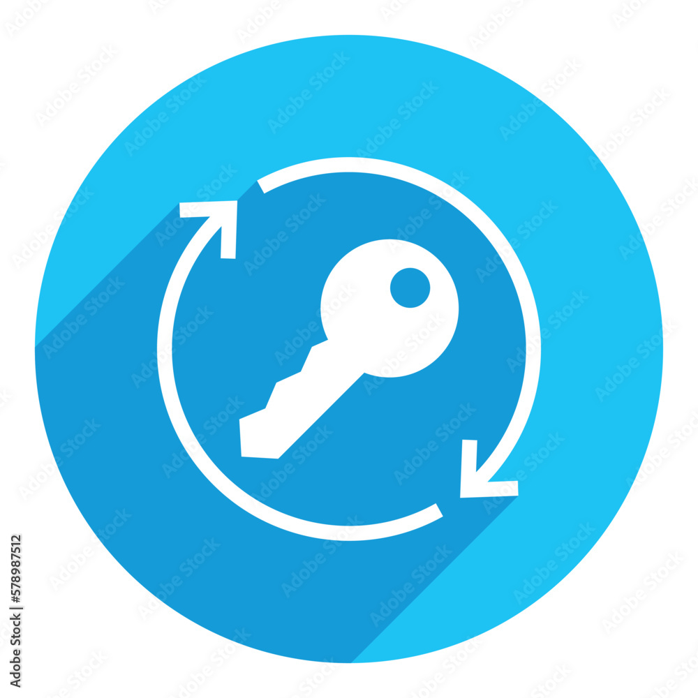 Key icon with recycle symbol. flat icon. long shadow design. blue background. Key icon with recycle symbol. flat icon. long shadow design. blue background.