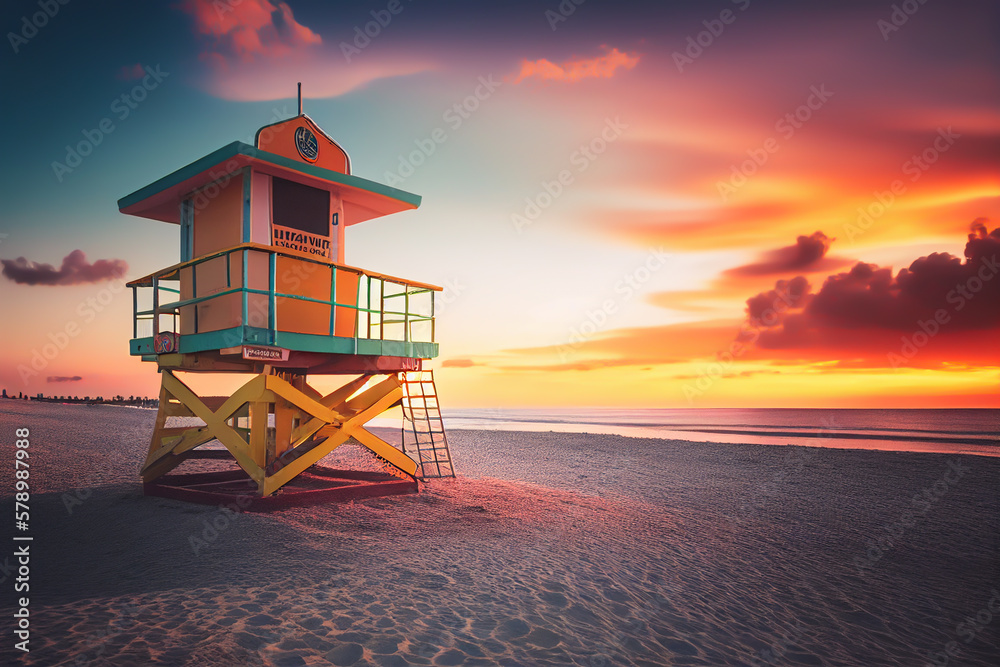 Lifeguard tower on beach on sunset. Miami Beach with lifeguard tower. Rescue tower with lifeguard to watch swimmers in sea to prevent drowning and danger. Colourful Sunset on beach. Ai Generated. Lifeguard tower on beach on sunset. Miami Beach with lifeguard tower. Rescue tower with lifeguard to watch swimmers in sea to prevent drowning and danger. Colourful Sunset on beach. Ai Generated.