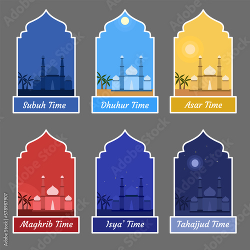 islamic label set of five praying times with mosque and environment illustration on different time scene