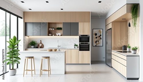 Modern kitchen interior idea, neutral color palette, wood walls and furnitures. Generative AI illustration.