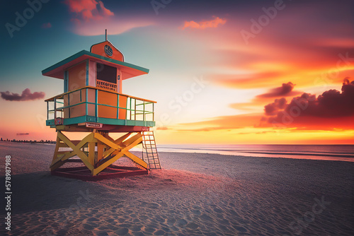 Lifeguard tower on beach on sunset. Miami Beach with lifeguard tower. Rescue tower with lifeguard to watch swimmers in sea to prevent drowning and danger. Colourful Sunset on beach. Ai Generated. © MaxSafaniuk