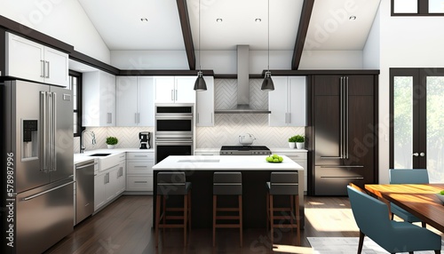 Modern kitchen interior design idea. Generative AI illustration.