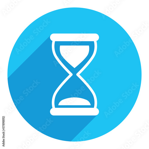 Time management concept with hourglass symbol. flat icon. long shadow design. blue background.