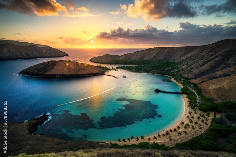 Sunrise over a beautiful bay on the island of Oahu. Generative AI - obrazy, fototapety, plakaty 