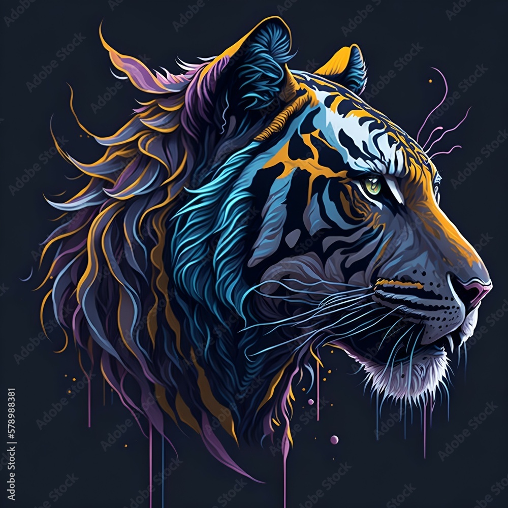 Fototapeta magical tiger head in dark background - Generative AI