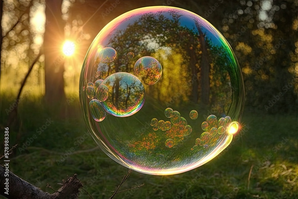 A soap bubble on a forest nature flies at sunset. Generative AI A soap bubble on a forest nature flies at sunset. Generative AI