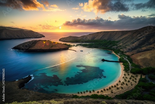 Sunrise over a beautiful bay on the island of Oahu. Generative AI © Iryna