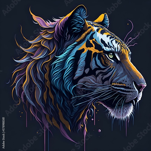 magical tiger head in dark background - Generative AI