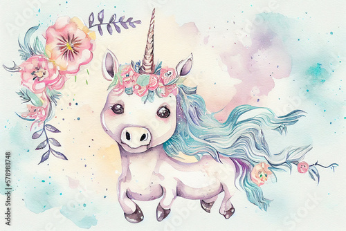A unicorn horse in kawaii style and pastel colors, with magical horn, generative ai illustration