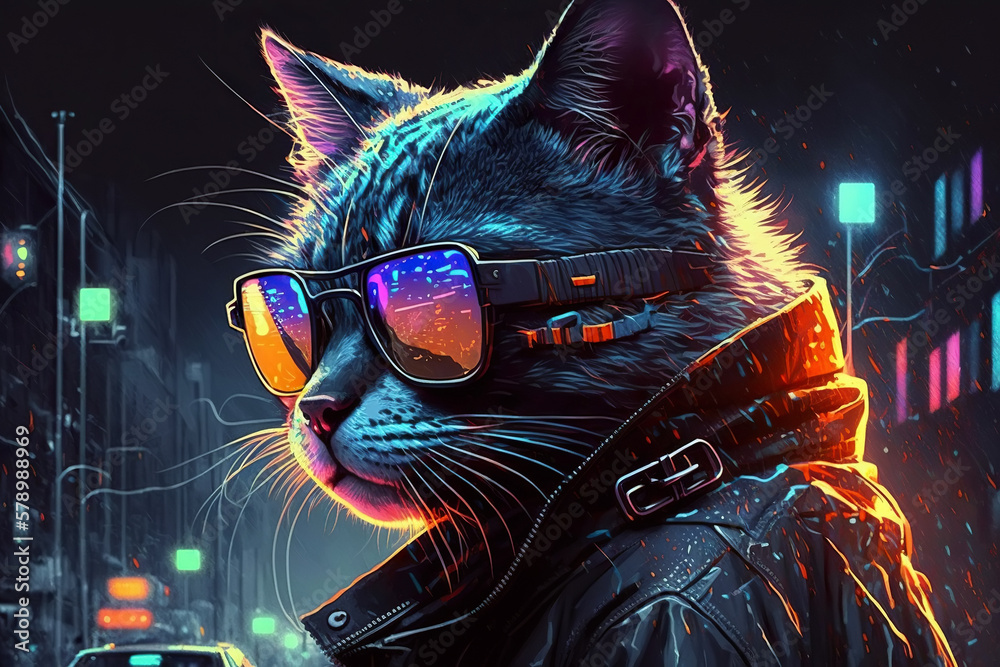Cat detective is secret agent with glasses in cyberpunk city at night ...