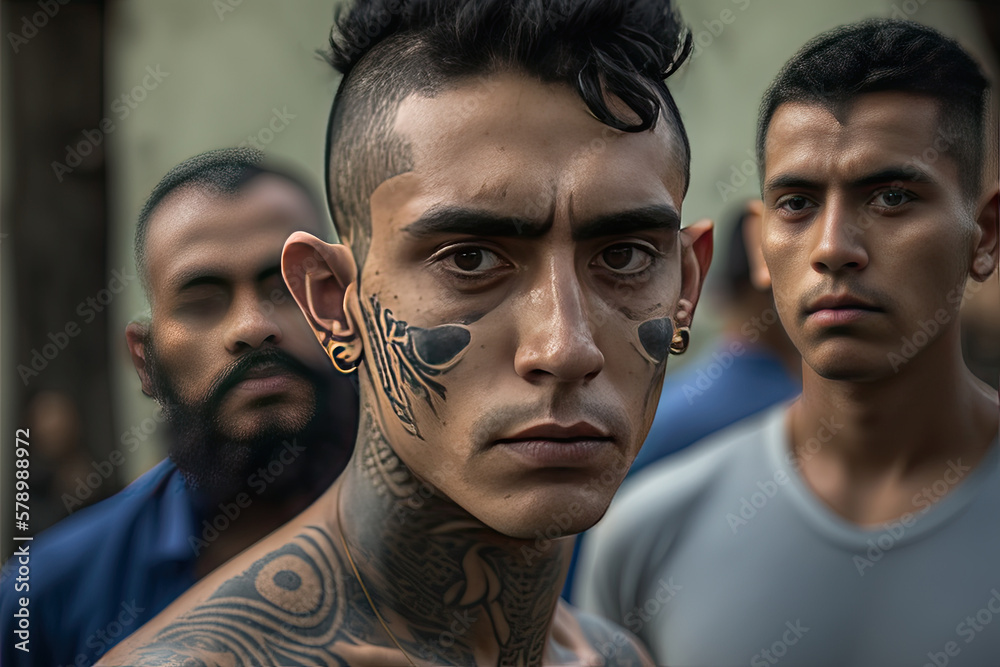 Dangerous young people with tattoes on their bodies and faces. Gang boys. Generative AI