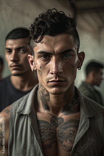 Dangerous young people with tattoes on their bodies and faces. Gang boys. Generative AI