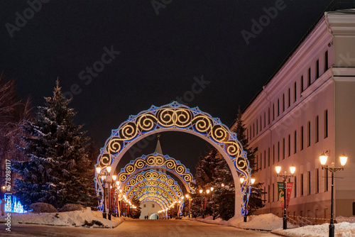 Decorated Kremlin night street in the Kazan Kremlin in winter, Kazan, Russia.
