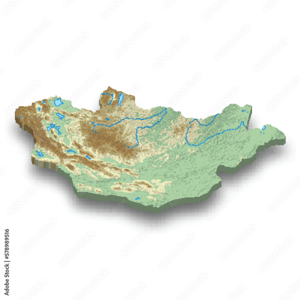 3d isometric relief map of Mongolia