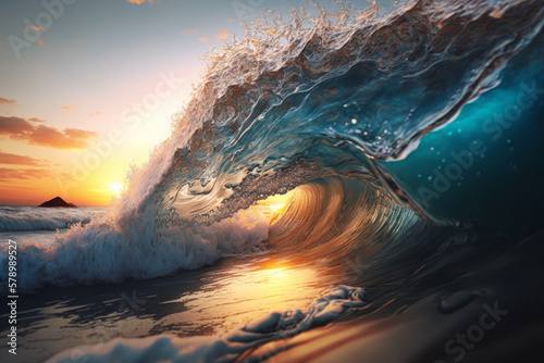 Photorealistic ai artwork of a wave breaking at sunset or sunrise. Generative ai.