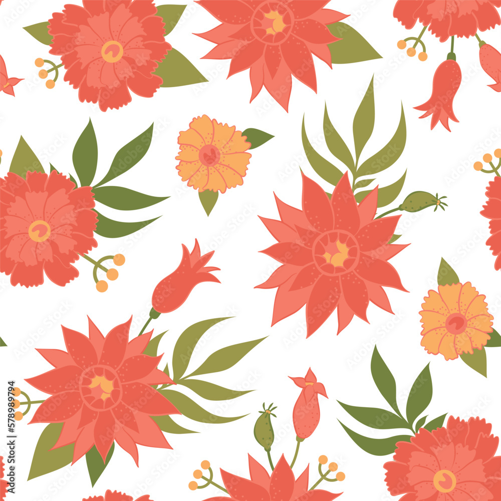 Seamless background with floral ornament. red and yellow flowers on a white background. Vector illustration for interior design, packaging print, wrapper, postcard. Printing on fabric and paper.