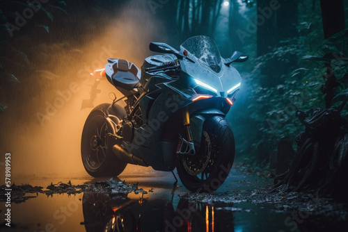 Photorealistic ai artwork of a concept design for a modern superbike motorcycle parked in a foggy and misty forest with lights on. Generative ai.