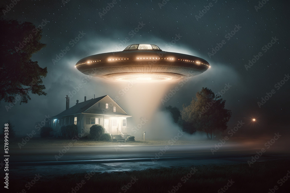 Photorealistic ai artwork of a ufo in the night above a rural road. Generative ai. Photorealistic ai artwork of a ufo in the night above a rural road. Generative ai.