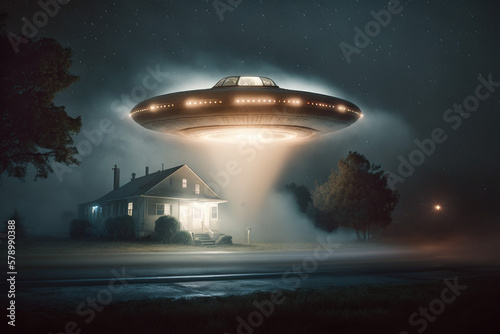 Photorealistic ai artwork of a ufo in the night above a rural road. Generative ai.