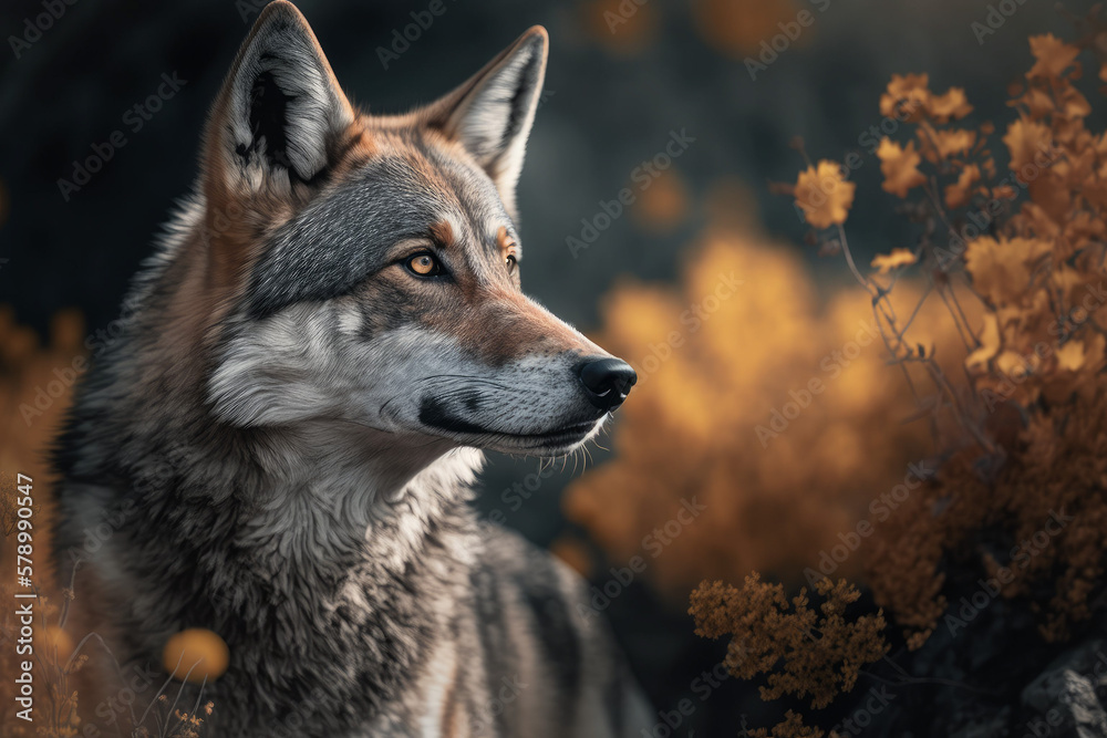Photorealistic ai artwork of a wolf in nature at sunset. Generative ai.