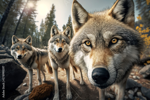 Photorealistic ai artwork of three wolves in the wild forest. Wide close up. Generative ai.