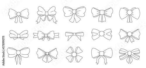 Bows line symbols. Doodle gift bowknots with ribbons different shapes, decorative elements for present packaging or hair accessories. Vector set