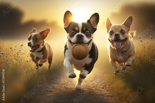 Happy friends dogs play with the ball in a meadow during summer sunset. Generative ai