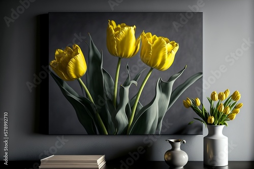 Yellow tulips on a wiped white and gray background spring made with Generative AI