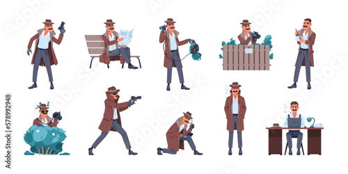 Cartoon detective character. Flat investigator looking for evidence, secret agent spying and sneaking, police inspector at crime scene. Vector isolated set photo