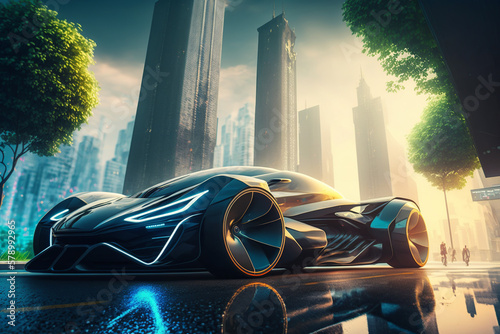 Eco friendly super car.  Electric green energy transportation. City of the future, Eco buildings a lot of tree, greens, Clear energy. Generative ai. photo