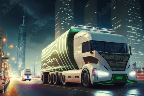 Eco friendly truck.  Electric green energy transportation. City of the future, Eco buildings, greens, Clear energy. Generative ai. © Roman