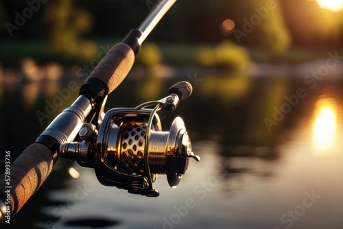 Close up of a fishing rod during the sunset. AI Generation
