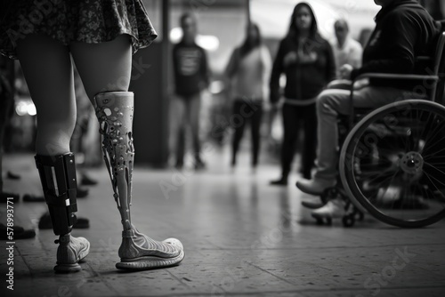 Close up view of woman with leg prosthesis. AI Generation