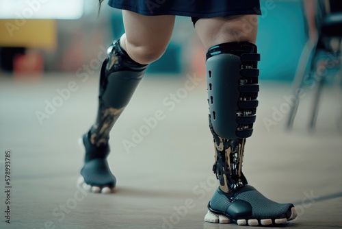 Close up view of woman with leg prosthesis. AI Generation © yuliachupina