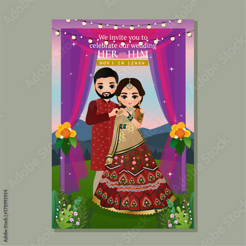 Bride and groom cute couple in traditional indian dress cartoon character