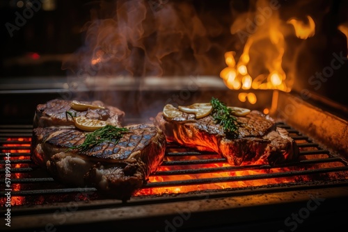 Grilled beef steaks on a barbecue grill with flames, close up. AI Generation