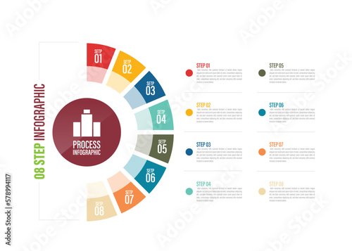 half circle Pie charts for infographics. Elements with 4, 5, 6, 7, 8, 9, 10 steps, options.