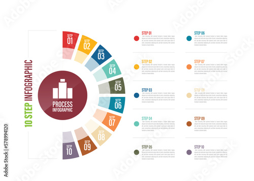half circle Pie charts for infographics. Elements with 4, 5, 6, 7, 8, 9, 10 steps, options.