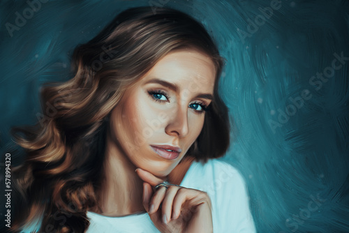 Young elegant brunette woman portrait, digital hand paint