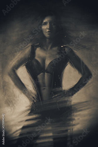 Young woman digital hand paint sepia colors