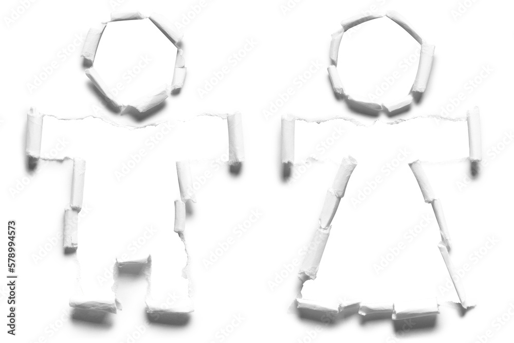 Man and female signs, holes torn through paper, cut out Man and female signs, holes torn through paper, cut out