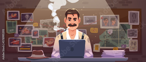 Detective with clue board. Cartoon police agent character with crime investigation plan, officer near cork pinboard with notes and evidence. Vector illustration