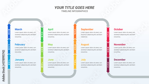 Arrow Timeline Infographic Presentation Template with Twelve Months Options or Steps for One Year Forecast, Business Presentations, Finance Reports, Business Planning, and Yearly Reports.