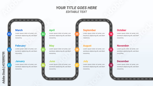 Road Timeline Infographic Presentation Template with Twelve Months Options or Steps for One Year Forecast, Business Presentations, Finance Reports, Business Planning, and Yearly Reports.