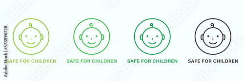 Safe for Children Line Green and Black Icon Set. Safety Product for Child Pictogram. Kid Friendly Zone. Non Toxic Material for Kid. Baby Food Sign in Restaurant Menu. Isolated Vector Illustration